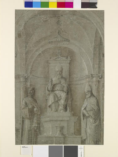 An enthroned bishop between a king and another bishop