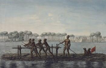 Men and children on a raft