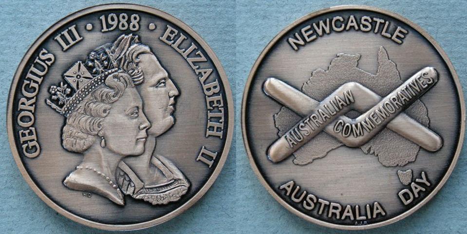 Australia. Medal commemorating the town of Newcastle's celebrations for Australia Day, 1988 Australia. Medal commemorating the town of Newcastle's celebrations for Australia Day, 1988