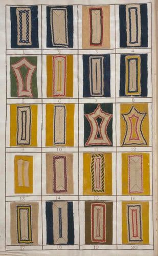 The Lace & method of looping the button holes of each regiment of infantry, as ordered by His Majesty, 19th December 1768. No. 1, From the 1st Regiment to the 70th