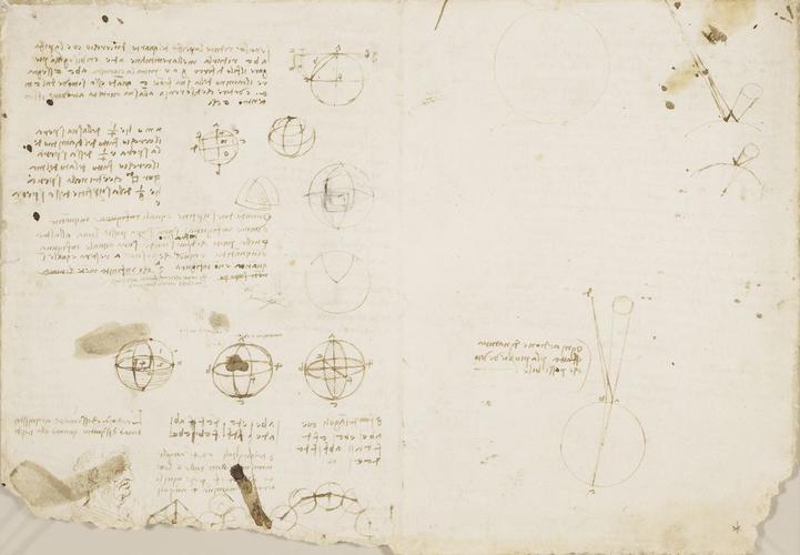 Recto: Studies of mechanics and anatomy, and notes on painting. Verso: Studies of geometry