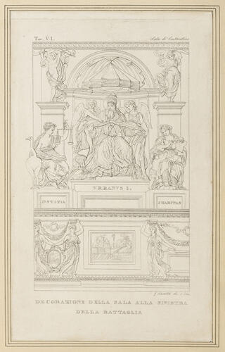 Master: The plan and frescoes of the Sala di Costantino in the Vatican
Item: Pope Urban I enthroned between the allegorical figures of Justice and Charity