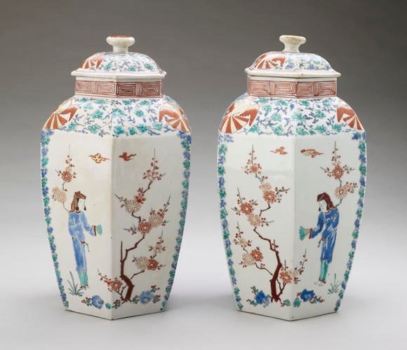 Master: Matched pair of hexagonal jars and covers