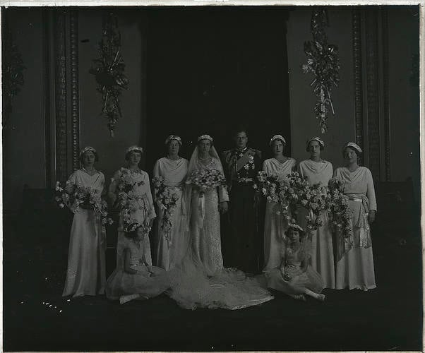 The Duke and Duchess of Kent with the bridesmaids on their wedding day, 29 November 1934 [Alexander Bassano Collection]