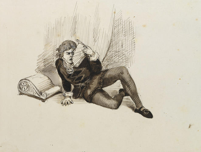Hamlet crouching on the ground during the play scene Hamlet crouching on the ground during the play scene