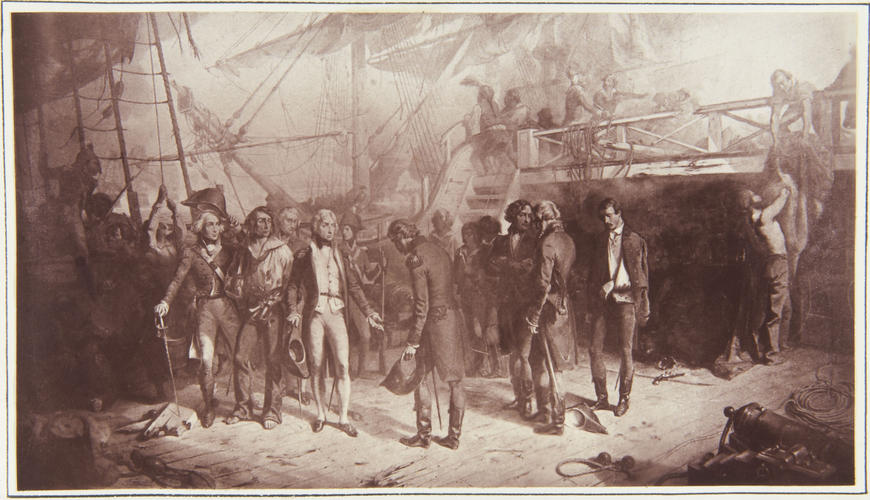 'Nelson on the quarter deck of the San Josef, receiving the swords of the vanquished Spaniards, February 14 1797'