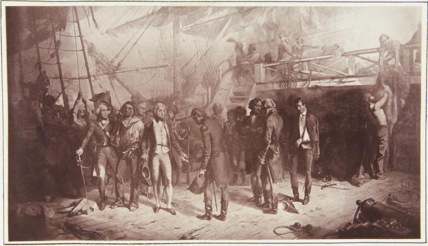 'Nelson on the quarter deck of the San Josef, receiving the swords of the vanquished Spaniards, February 14 1797' 'Nelson on the quarter deck of the San Josef, receiving the swords of the vanquished Spaniards, February 14 1797'