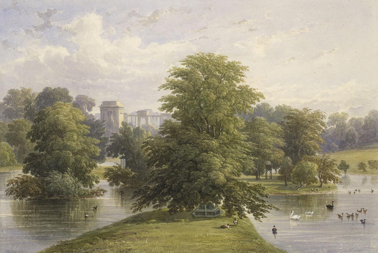 Buckingham Palace: gardens looking from the Pavilion Mount towards Hyde Park Corner Buckingham Palace: gardens looking from the Pavilion Mount towards Hyde Park Corner
