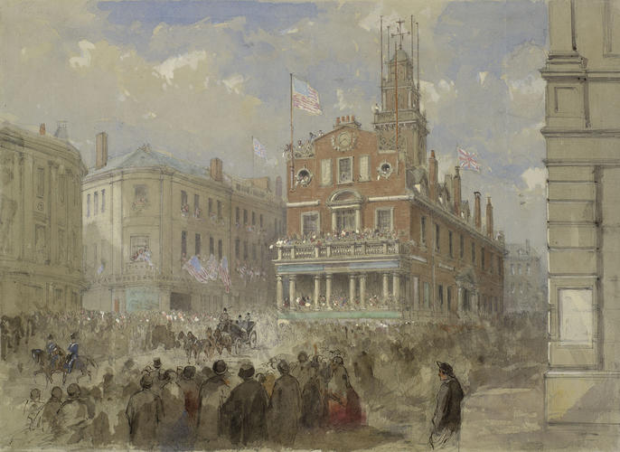 The Prince of Wales driving past the Old State House in Boston, 18 October 1860