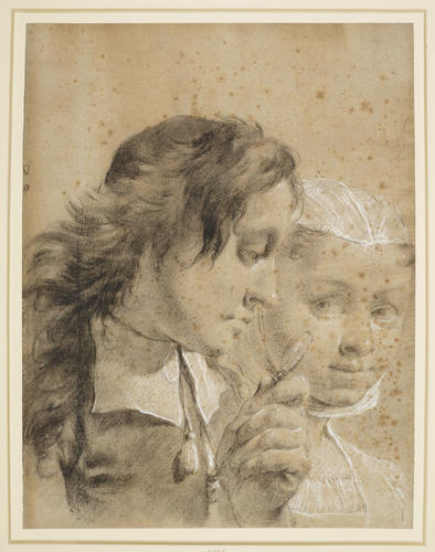 The head of a girl in a white cap and a youth looking through a glass The head of a girl in a white cap and a youth looking through a glass