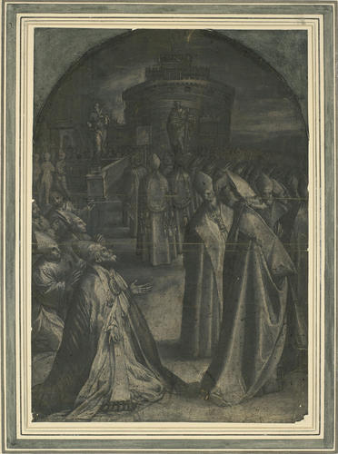 The apparition of the Archangel Michael to St Gregory and his procession as they carry a miraculous image of the Virgin to pray for intercession against the plague The apparition of the Archangel Michael to St Gregory and his procession as they carry a miraculous image of the Virgin to pray for intercession against the plague