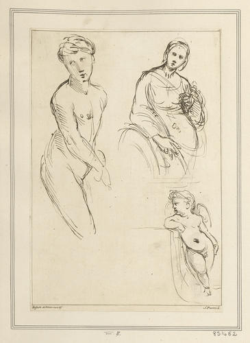 Female figure studies, and a sketch of a putto