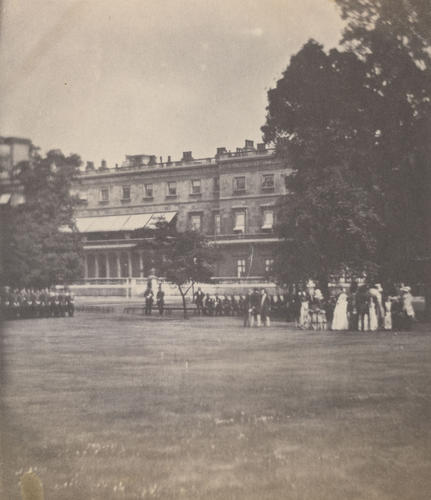 Queen Victoria meeting wounded Crimean War veterans in the gardens of Buckingham Palace