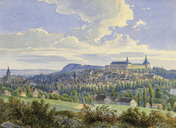 Gotha: distant view of Schloss Friedenstein and the town, from the north-west