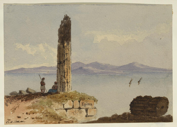 Figures by ruined column on a shore at Egina