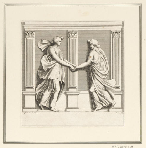 Two nymphs dancing in a portico
