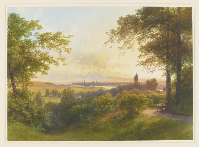 A distant view of Potsdam at sunset