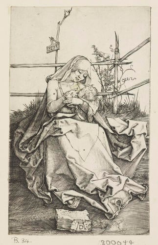 Madonna and Child on a grassy bench