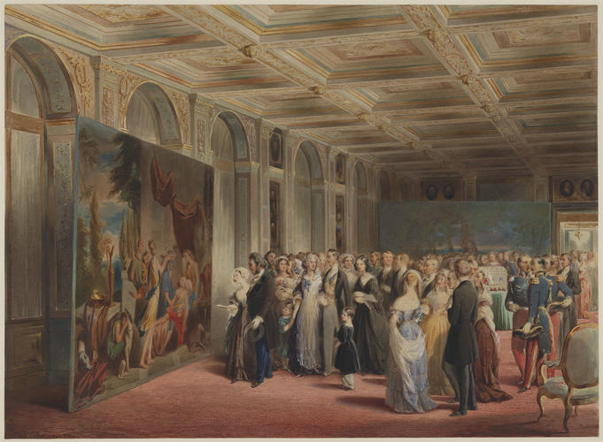 Royal visit to Louis-Philippe: Queen Victoria visiting the Ground Floor Gallery at the Chateau d'Eu. 5 September 1843