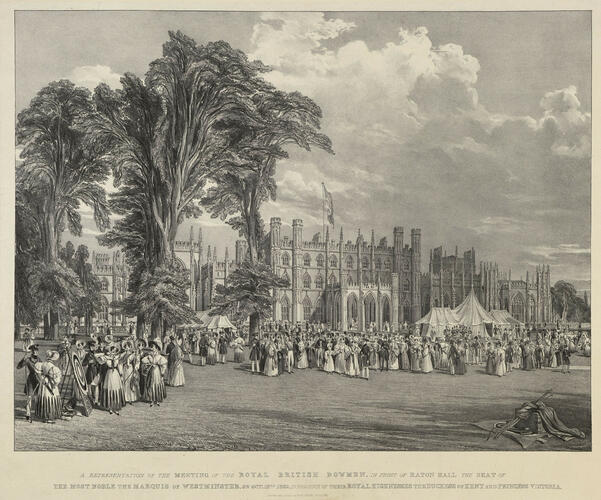 A Representation of the Meeting of the Royal British Bowmen, in front of Eaton Hall, the Seat of The Most Noble the Marquis of Westminster, on Oct. 18th 1832, in presence of Their Royal Highnesses the A Representation of the Meeting of the Royal British Bowmen, in front of Eaton Hall, the Seat of The Most Noble the Marquis of Westminster, on Oct. 18th 1832, in presence of Their Royal Highnesses the