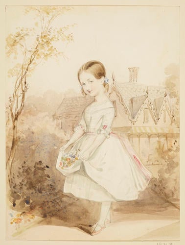 Little girl standing in front of a gabled house