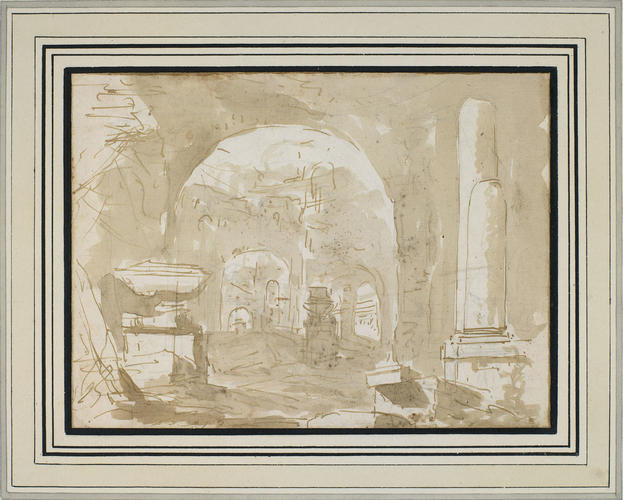 A ruined building with tombs