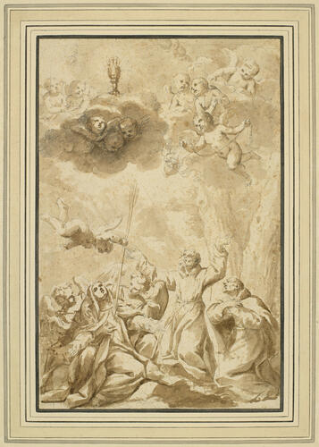 The Holy Sacrament in clouds, below St Theresa, St Francis & another Saint The Holy Sacrament in clouds, below St Theresa, St Francis & another Saint