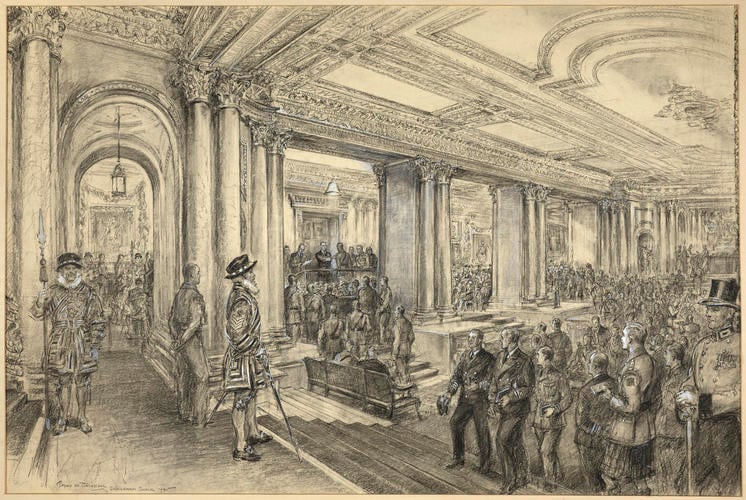 An investiture by H. M. King George VI at Buckingham Palace, 1945