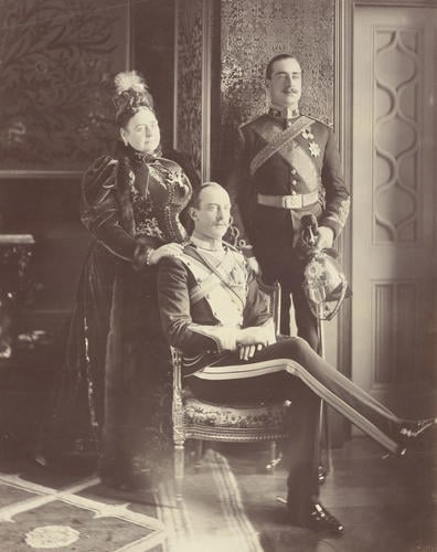 Photograph of the Duchess of Teck with Prince Adolphus of Teck and Prince Francis of Teck, 12 December 1894