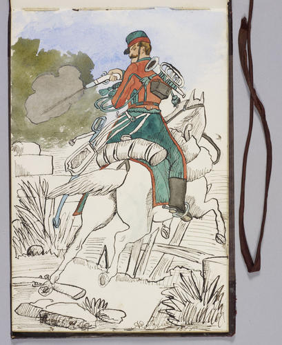 Master: Albert Edward's Teaching Sketch Book (later Edward VII). 1854-55
Item: A soldier on horseback Master: Albert Edward's Teaching Sketch Book (later Edward VII). 1854-55
Item: A soldier on horseback