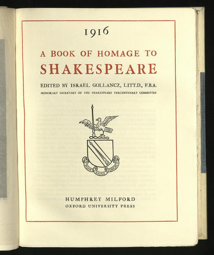 A Book of homage to Shakespeare / edited by Israel Gollancz