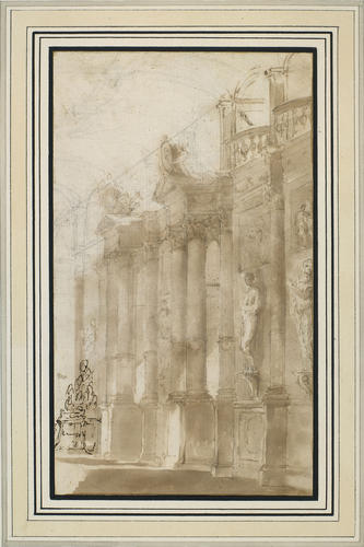 A hall with columns and statues