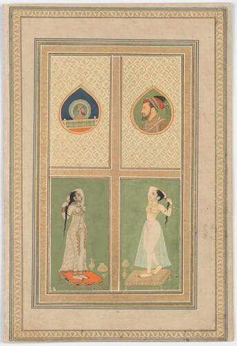 Master: Mughal album of portraits, animals and birds.
Item: Painting of a collared falconet and portraits of two Mughal emperors and two ladies Master: Mughal album of portraits, animals and birds.
Item: Painting of a collared falconet and portraits of two Mughal emperors and two ladies