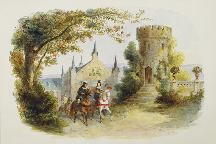 The Rosenau: riders in historical costume approaching the terrace