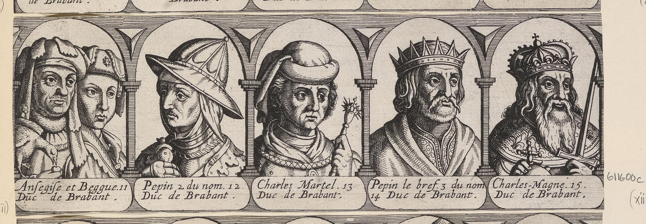 Master: [Frankish rulers, Carolingians, and the Dukes of Brabant; rulers of the area historically identified as the Duchy of Brabant]
Item: Ansegise et Breggue 11 Duc de Brabant. Pepin 2 du nom 12 Duc