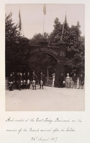 Arch erected at the East Lodge, Balmoral on the occasion of The Queen's arrival after the Jubilee, 25 August 1887
