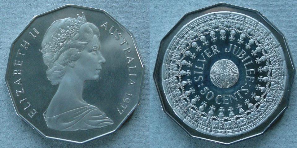Australia. Proof 50 cents commemorating the Silver Jubilee of H. M. Queen Elizabeth II