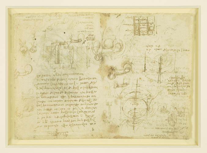 Recto: The bust of a man in profile, studies of intertwined oak, and other studies. Verso: Studies of coition, wave propagation, architecture, engineering, etc Recto: The bust of a man in profile, studies of intertwined oak, and other studies. Verso: Studies of coition, wave propagation, architecture, engineering, etc