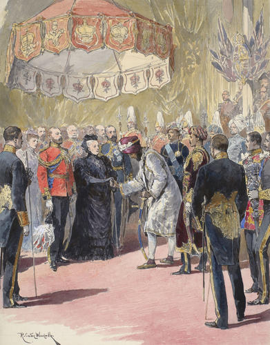 The Queen receiving the Indian Princes at the Opening of the Imperial Institute, 10 May 1893