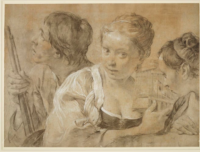 Two girls with a bird-cage and a youth with a gun