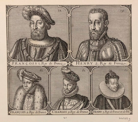 Master: Kings of France from Pharamond to Henri III
Item: Five kings, from François I (reg. 1515–47) to Henri III (reg. 1574–89)