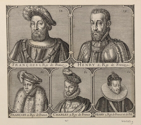 Master: Kings of France from Pharamond to Henri III
Item: Five kings, from François I (reg. 1515–47) to Henri III (reg. 1574–89) Master: Kings of France from Pharamond to Henri III
Item: Five kings, from François I (reg. 1515–47) to Henri III (reg. 1574–89)