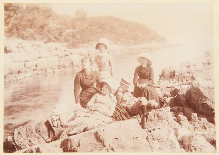 The Princesses Amélie and Hélène of Orléans, daughters of the Count and Countess of Paris, with Prince Jean, Princess Marie and Princess Marguérite of Orléans, children of the Duke and Duchess of Chartres