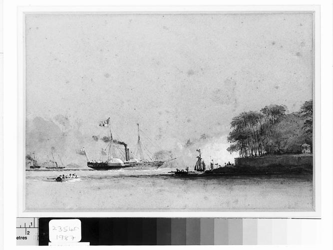 The Victoria and Albert [I] and Fairy, with the Admiralty Yacht Black Eagle, entering Barnpool, 21 August 1846