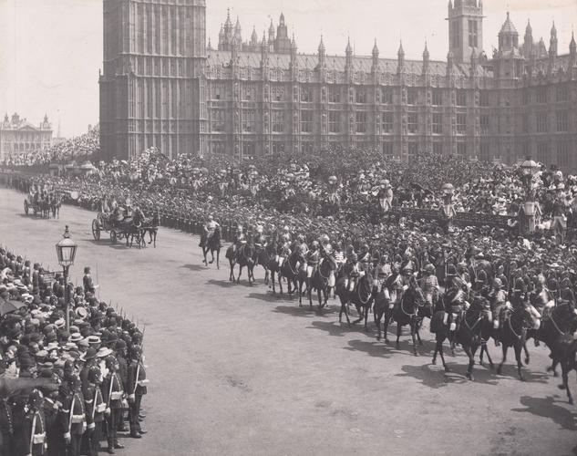Escort of Indian Cavalry passing the Houses of Parliament, 22 June, 1897