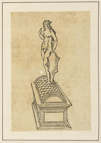 Master: Discours du Songe de Poliphile [Hypnerotomachia Poliphili]
Item: A statue of a crowned female figure standing on the rounded lid of a tomb, holding a tablet