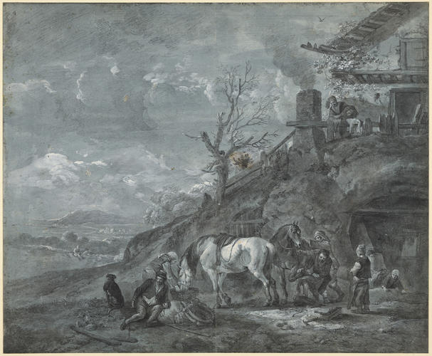 Horse-shoeing outside a cave forge Horse-shoeing outside a cave forge