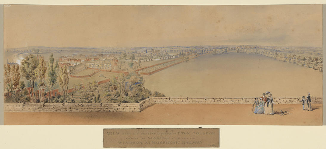 Realized drawing of the proposed Windsor Atmospheric Railway, seen from Eton Realized drawing of the proposed Windsor Atmospheric Railway, seen from Eton