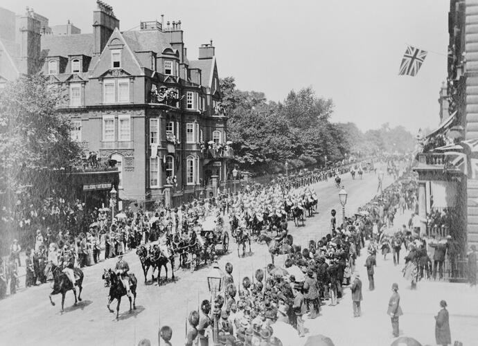 The Queen passing down Exhibition Road, South Kensington, to lay the foundation stone of the Imperial Insititute, 4 July 1887