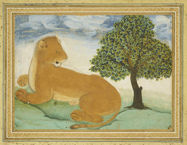 Master: Mughal album of portraits, animals and birds.
Item: Paintings of Persian men in a garden and a lioness